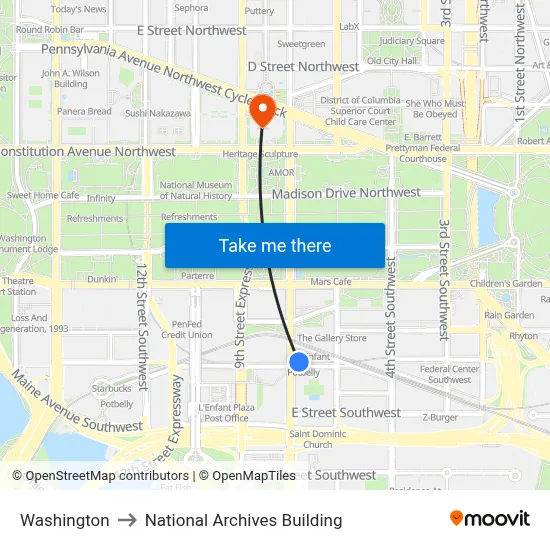 Washington to National Archives Building map