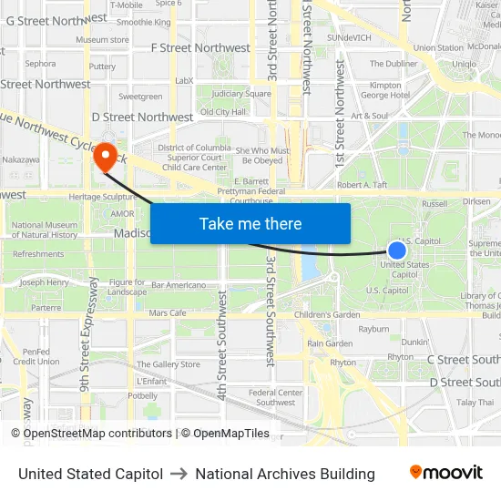 United Stated Capitol to National Archives Building map