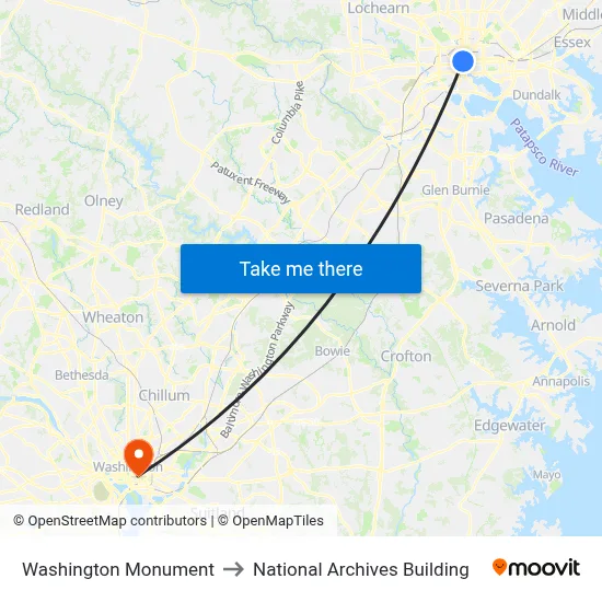 Washington Monument to National Archives Building map