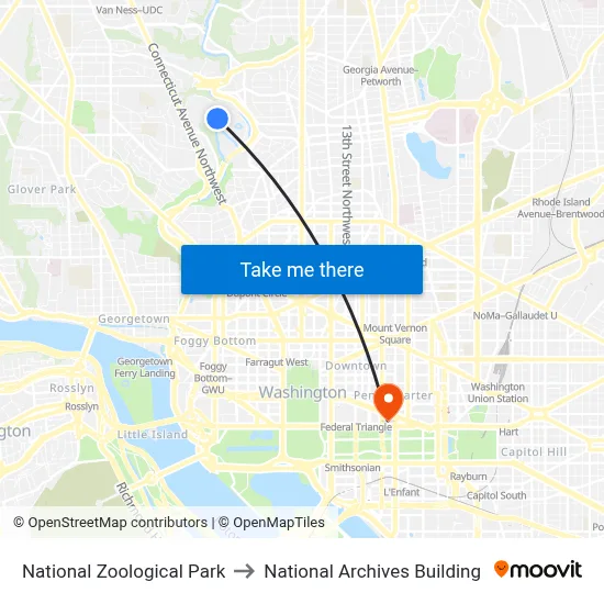 National Zoological Park to National Archives Building map