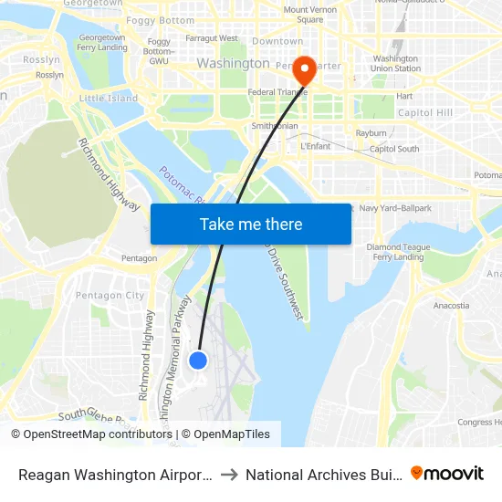 Reagan Washington Airport DCA to National Archives Building map