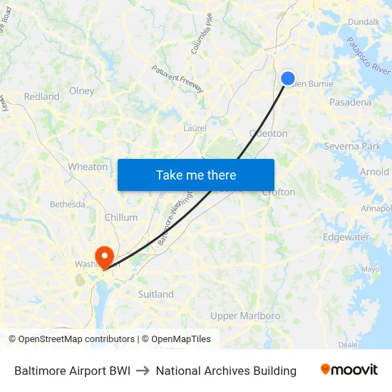 Baltimore Airport BWI to National Archives Building map