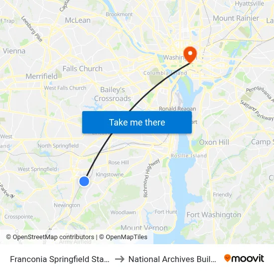 Franconia Springfield Station to National Archives Building map