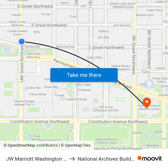 JW Marriott Washington DC to National Archives Building map