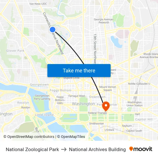 National Zoological Park, 3001 Connecticut Ave NW to National Archives Building map