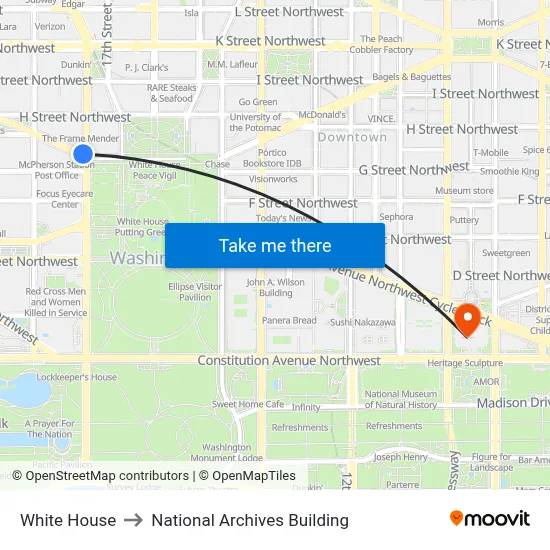 White House to National Archives Building map
