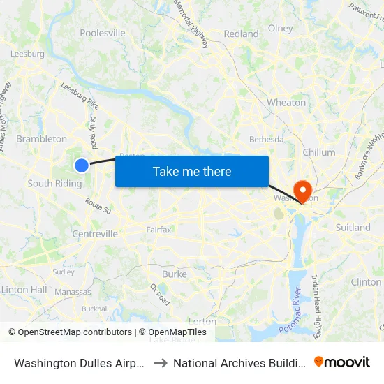 Washington Dulles Airport to National Archives Building map