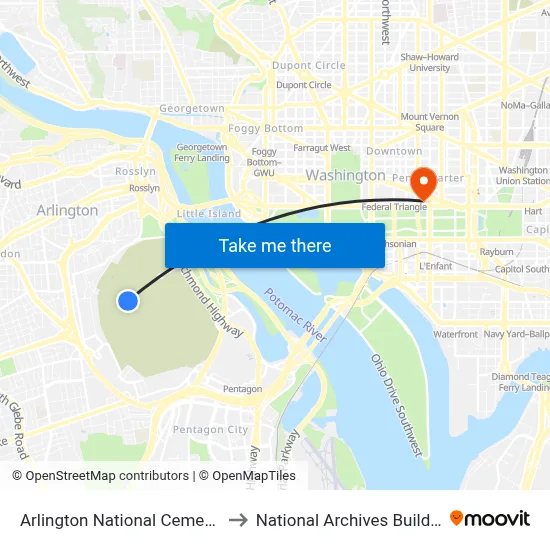 Arlington National Cemetery to National Archives Building map