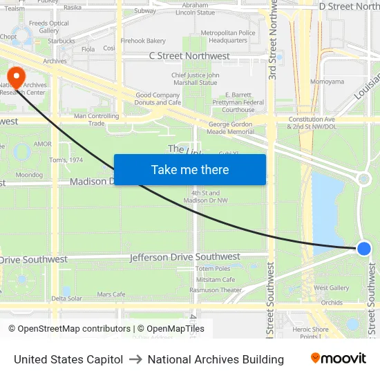 United States Capitol to National Archives Building map