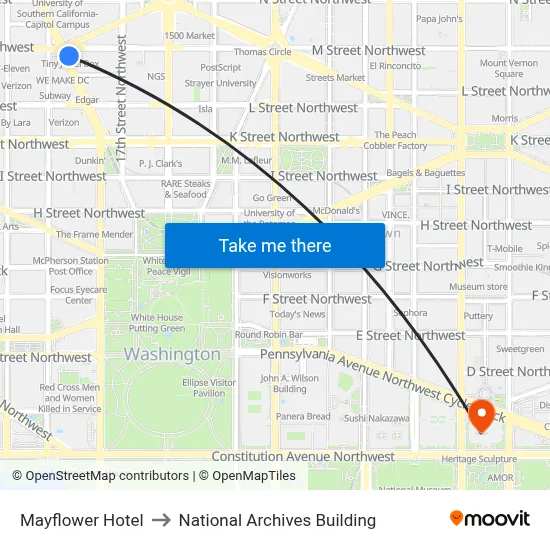 Mayflower Hotel to National Archives Building map