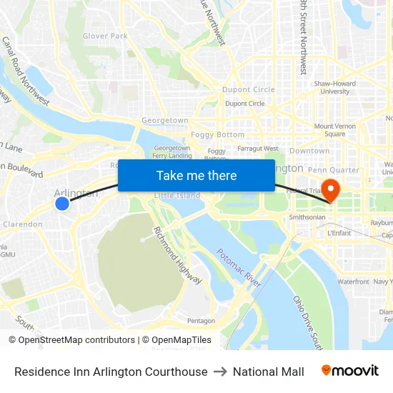 Residence Inn Arlington Courthouse to National Mall map