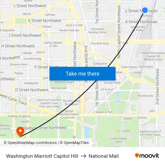 Washington Marriott Capitol Hill to National Mall map