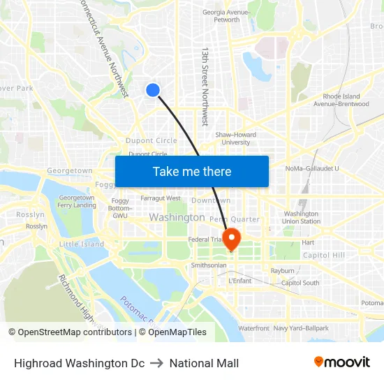 Highroad Washington Dc to National Mall map