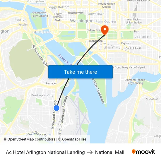 Ac Hotel Arlington National Landing to National Mall map