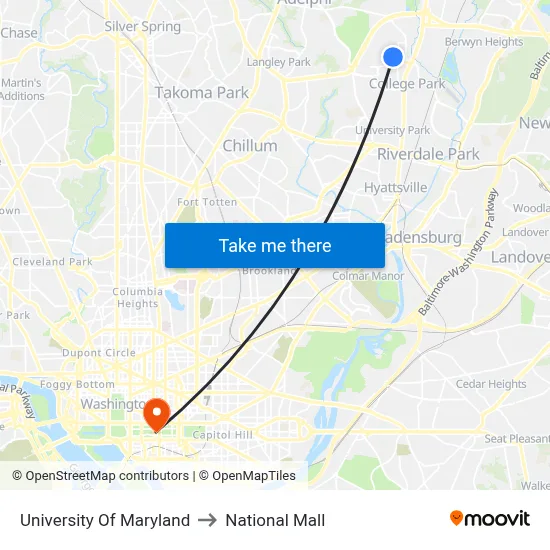 University Of Maryland to National Mall map