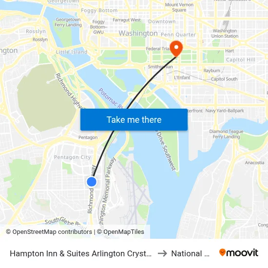 Hampton Inn & Suites Arlington Crystal City to National Mall map
