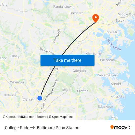 College Park to Baltimore Penn Station map