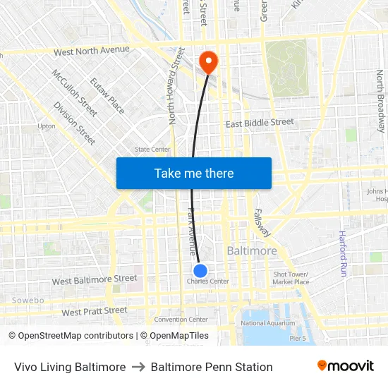 Vivo Living Baltimore to Baltimore Penn Station map