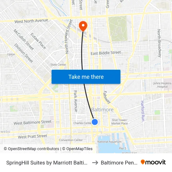 SpringHill Suites by Marriott Baltimore Inner Harbor to Baltimore Penn Station map