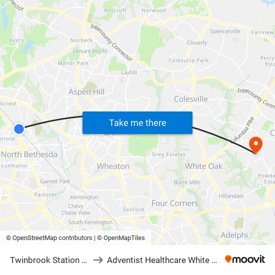 Twinbrook Station & Bay C - East to Adventist Healthcare White Oak Medical Center map