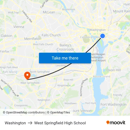 Washington to West Springfield High School map