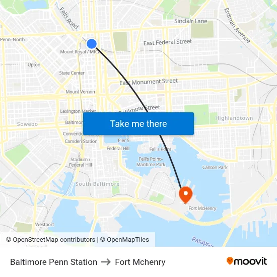 Baltimore Penn Station to Fort Mchenry map