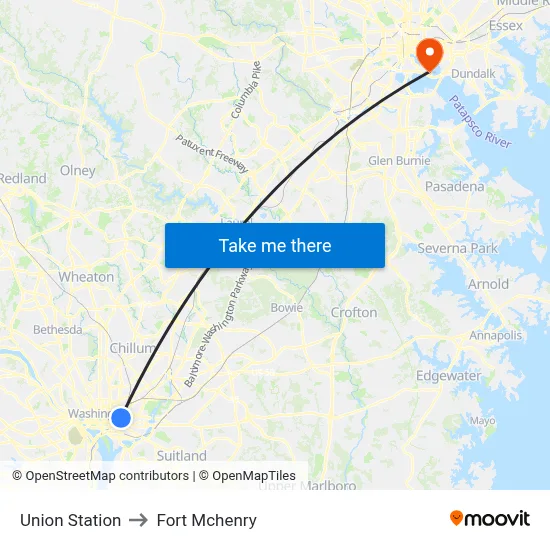 Union Station to Fort Mchenry map