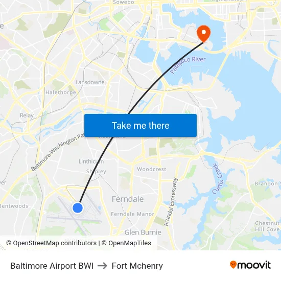 Baltimore Airport BWI to Fort Mchenry map
