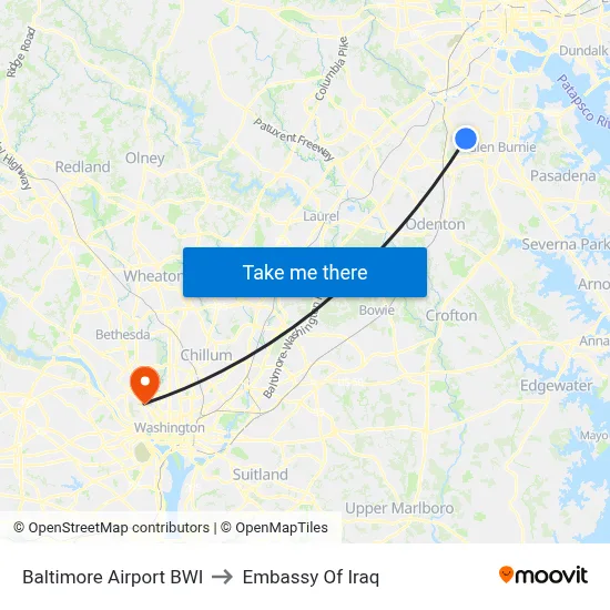 Baltimore Airport BWI to Embassy Of Iraq map