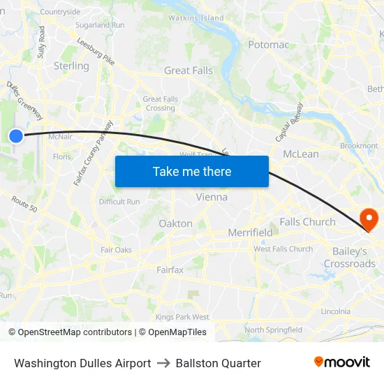 Washington Dulles Airport to Ballston Quarter map