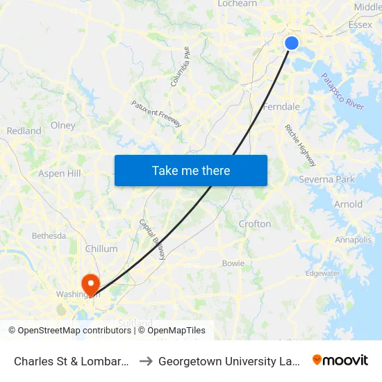 Charles St & Lombard St Nb to Georgetown University Law Center map