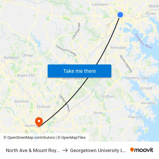 North Ave & Mount Royal Ave Eb to Georgetown University Law Center map