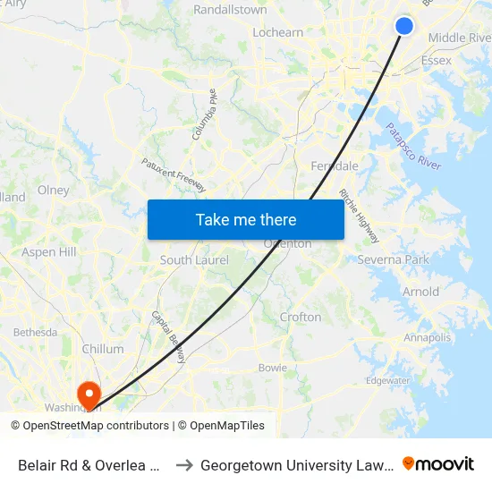 Belair Rd & Overlea Ave Nb to Georgetown University Law Center map
