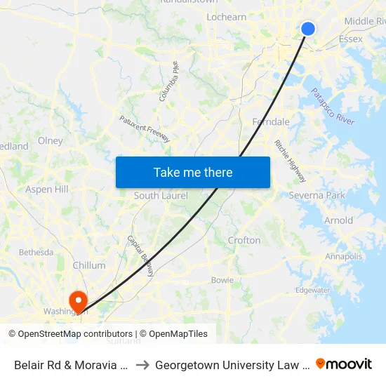 Belair Rd & Moravia Rd Sb to Georgetown University Law Center map
