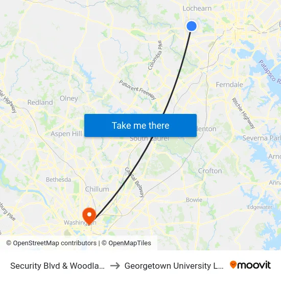 Security Blvd & Woodlawn Dr Wb to Georgetown University Law Center map