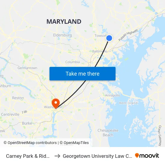 Carney Park & Ride Lot to Georgetown University Law Center map