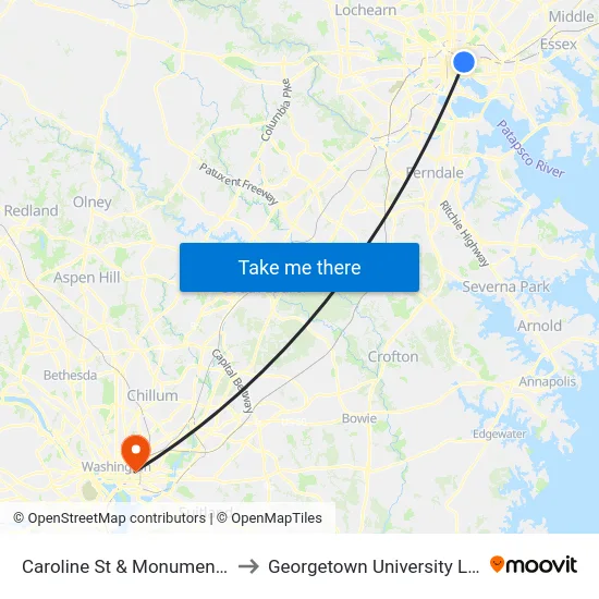 Caroline St & Monument St FS Nb to Georgetown University Law Center map
