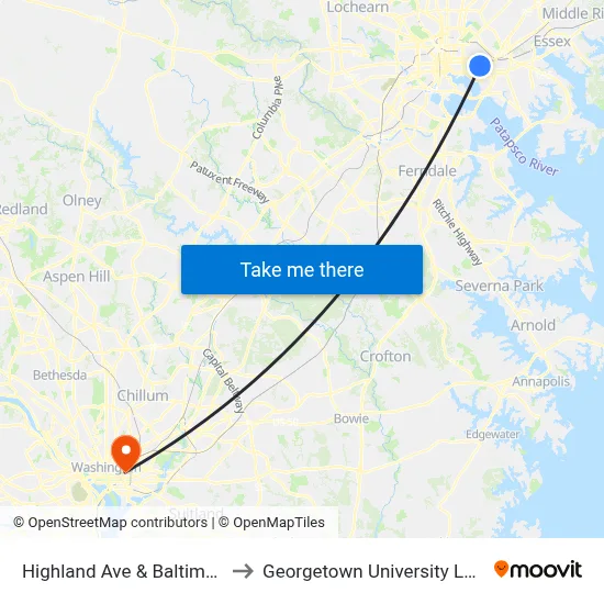 Highland Ave & Baltimore St Sb to Georgetown University Law Center map