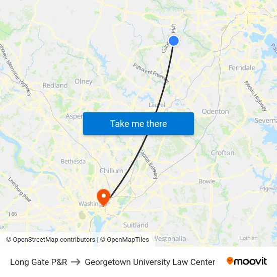 Long Gate P&R to Georgetown University Law Center map