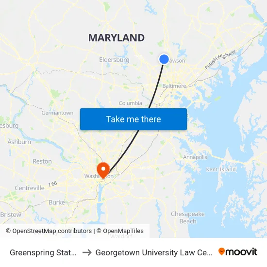 Greenspring Station to Georgetown University Law Center map