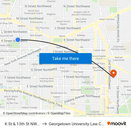 K St & 13th St NW Wb to Georgetown University Law Center map