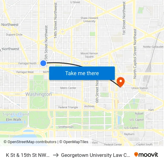 K St & 15th St NW Wb to Georgetown University Law Center map