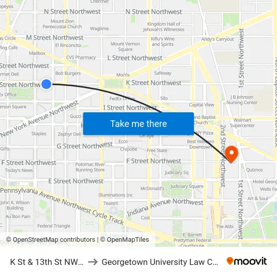 K St & 13th St NW Eb to Georgetown University Law Center map