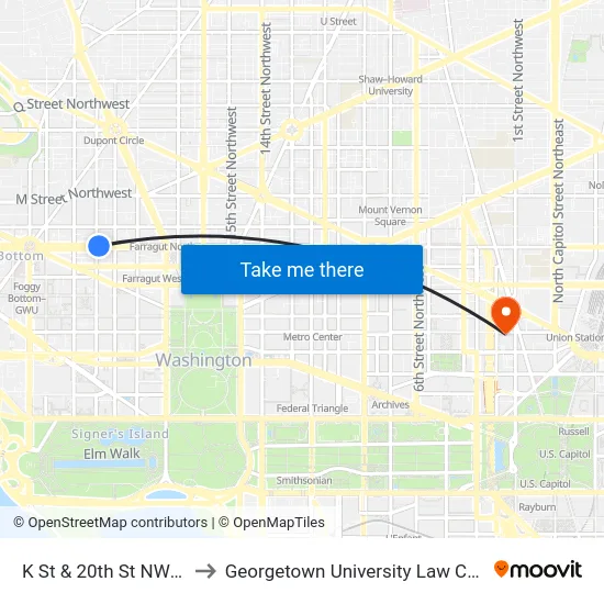 K St & 20th St NW Wb to Georgetown University Law Center map