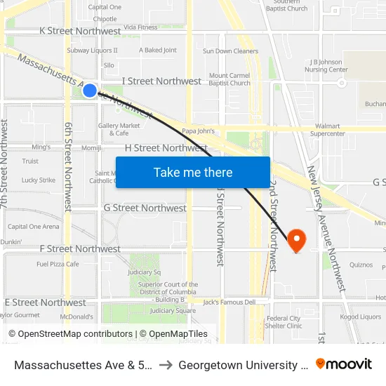 Massachusettes Ave & 5th St NW Eb to Georgetown University Law Center map