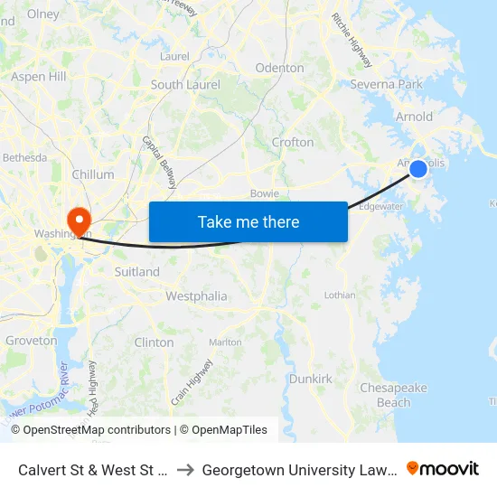 Calvert St & West St FS Nb to Georgetown University Law Center map