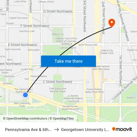 Pennsylvania Ave & 6th St NW Eb to Georgetown University Law Center map