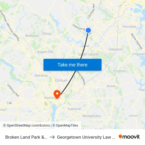Broken Land Park & Ride to Georgetown University Law Center map