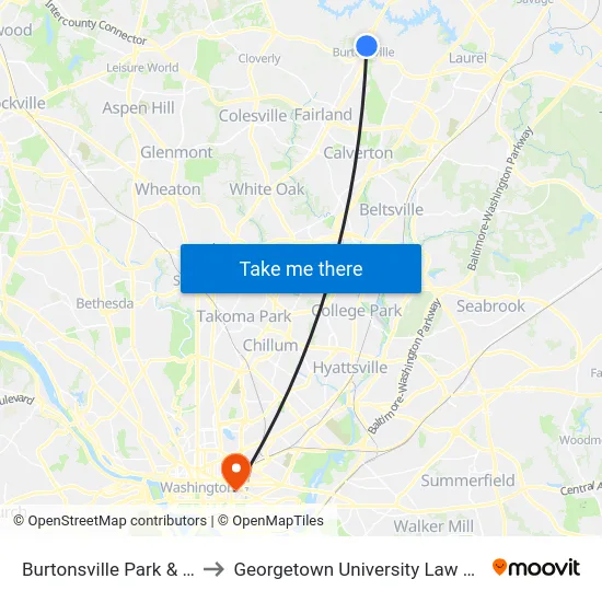 Burtonsville Park & Ride to Georgetown University Law Center map