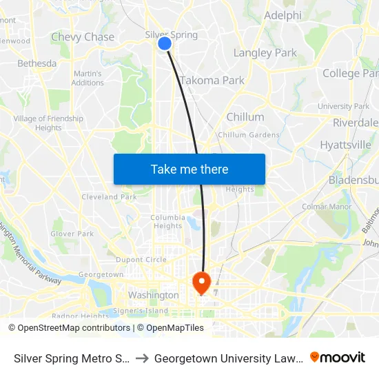 Silver Spring Metro Station to Georgetown University Law Center map